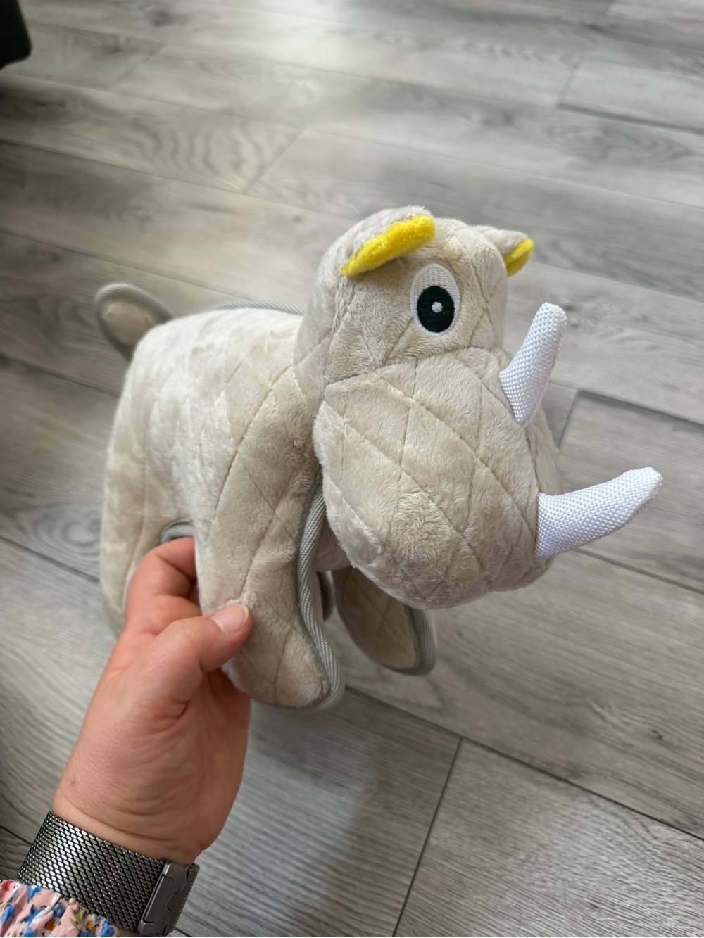 ZEUS Squeaky Rhino Dog Toy Quilted Plush Beige Yellow Accents